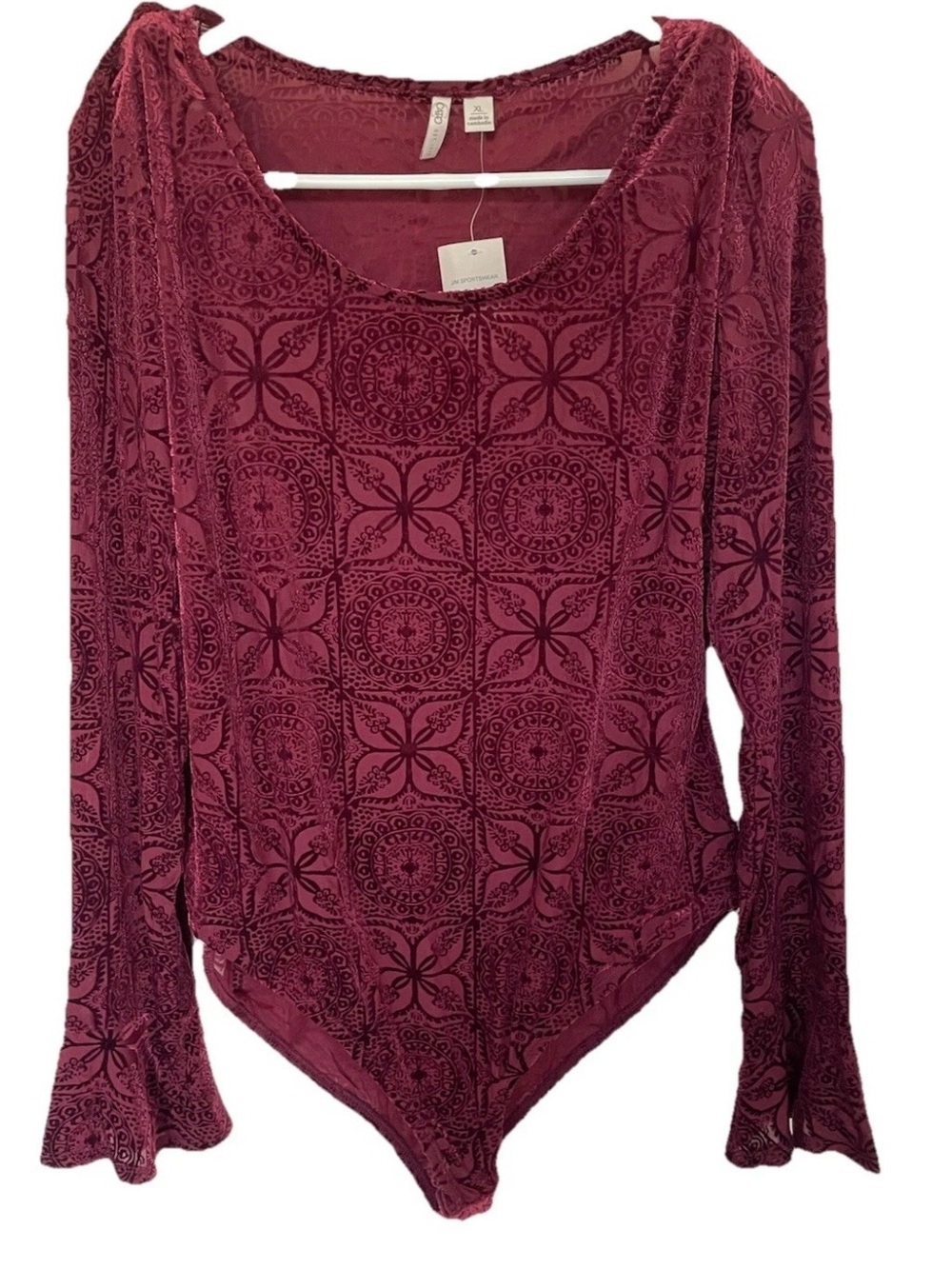 Cato Floral Burnout Velvet Bodysuit XL Burgundy Plum Bell Sleeve Whimsigoth nwt